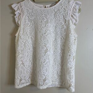 LOFT Ivory Lace Ruffle Sleeve Blouse